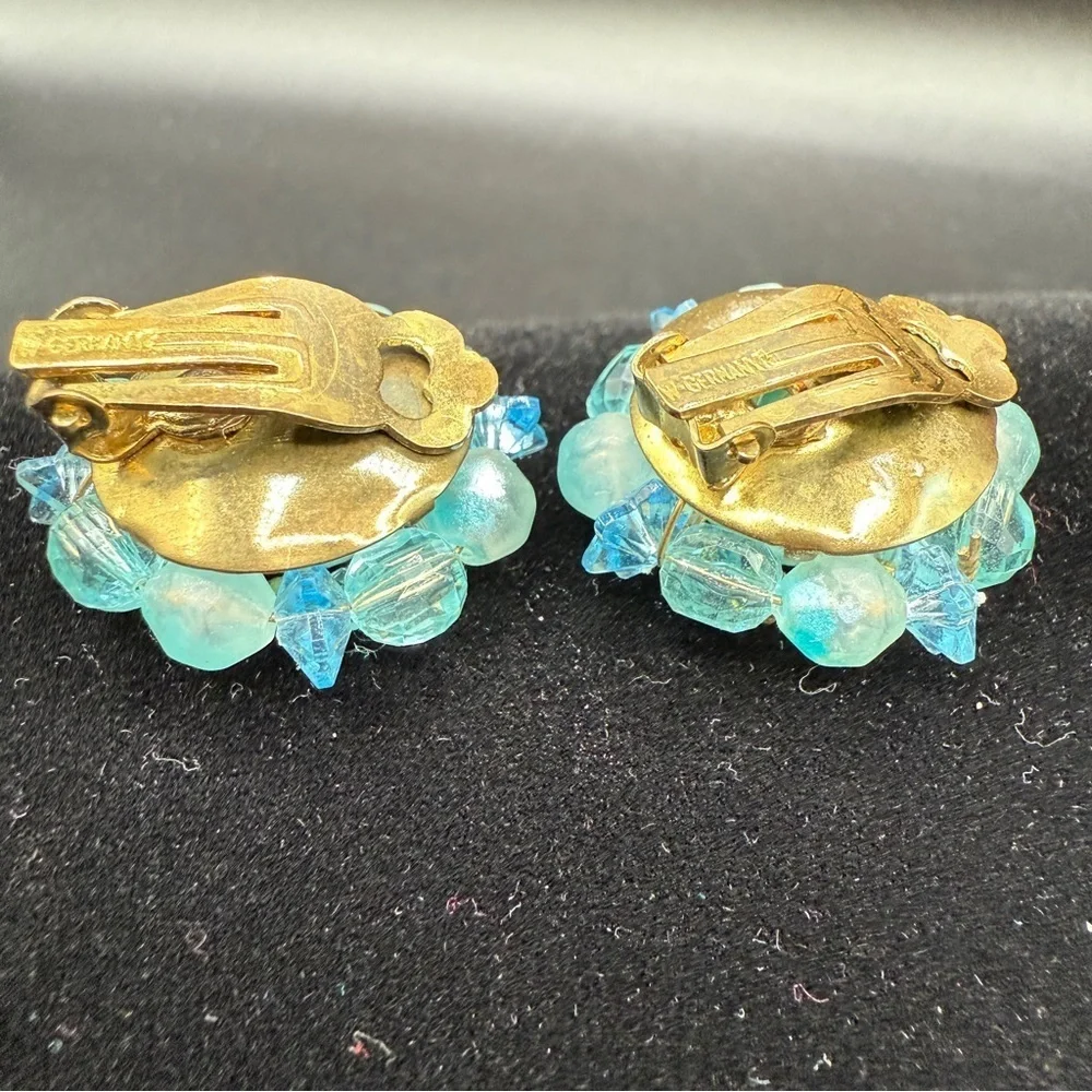 Vintage West Germany Signed 1950s Blue Cluster Earrings - Clip On